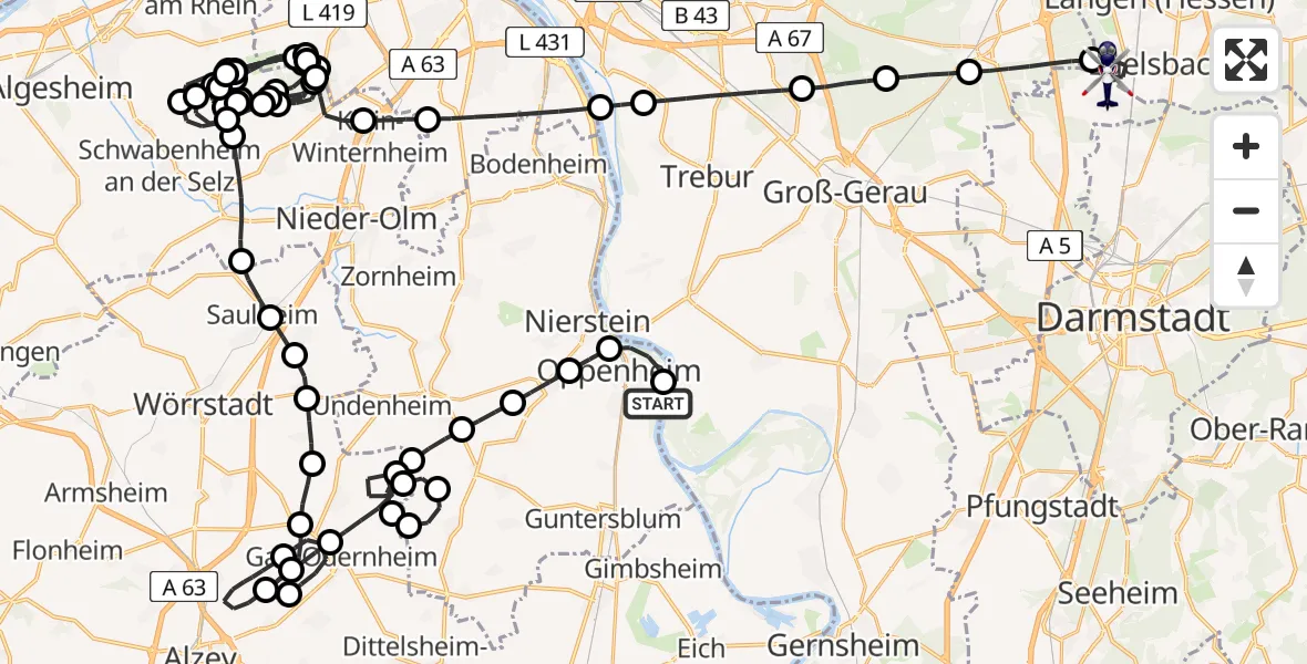 Flugroute Polizeihubschrauber Oppenheim Flugplatz - Flughafen Frankfurt-Egelsbach, 20 April 2026, 11:57
