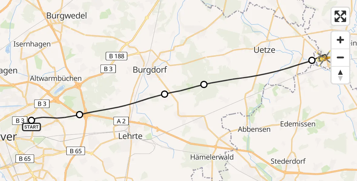 Flugroute Rettungshubschrauber Hannover Luftrettung Hubschrauberlandeplatz (Christoph 4) - Meinersen, 20 April 2026, 11:58