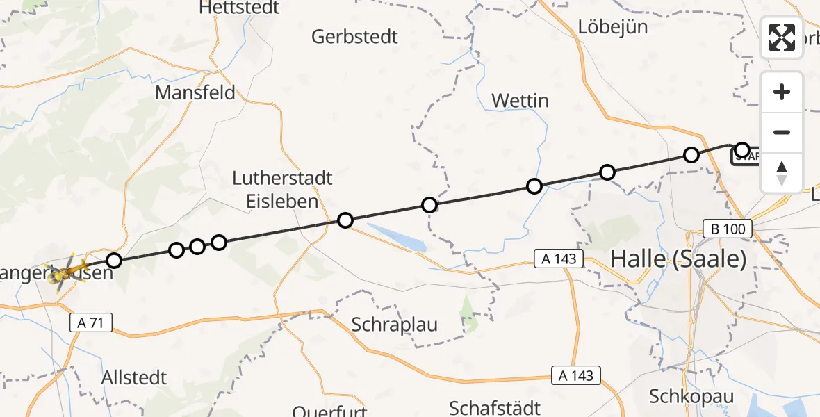 Flugroute Rettungshubschrauber Halle-Oppin Flugplatz - Sangerhausen, 20 April 2026, 12:02