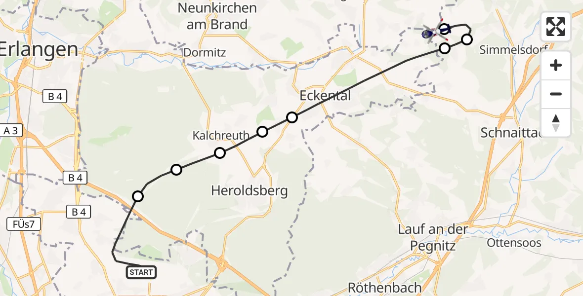 Flugroute Polizeihubschrauber Flughafen Nuremberg - Lauf-Lillinghof Flugplatz, 20 April 2026, 12:15