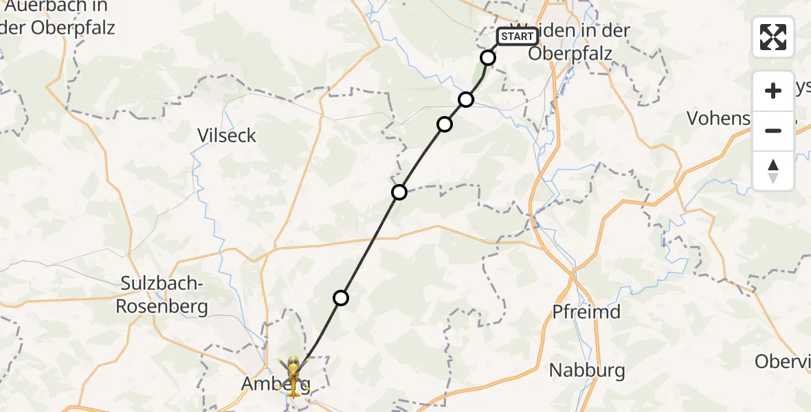 Flugroute Rettungshubschrauber Weiden i.d.OPf. - Amberg, 20 April 2026, 12:20
