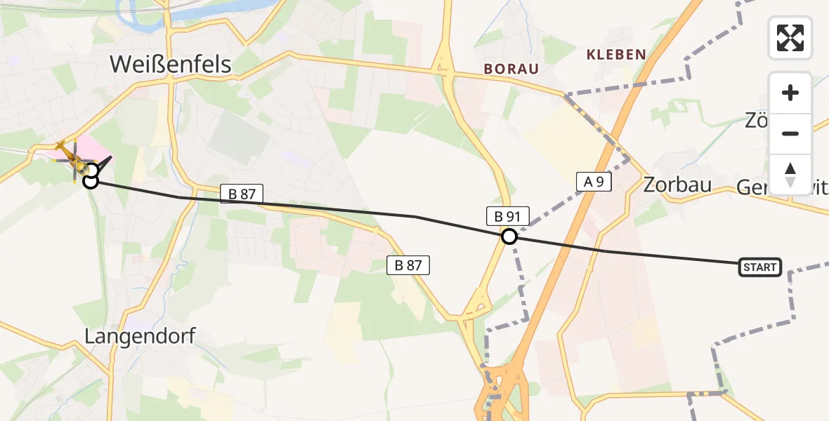 Flugroute Rettungshubschrauber Lützen - Asklepios Clinic Weißenfels, 20 April 2026, 12:21