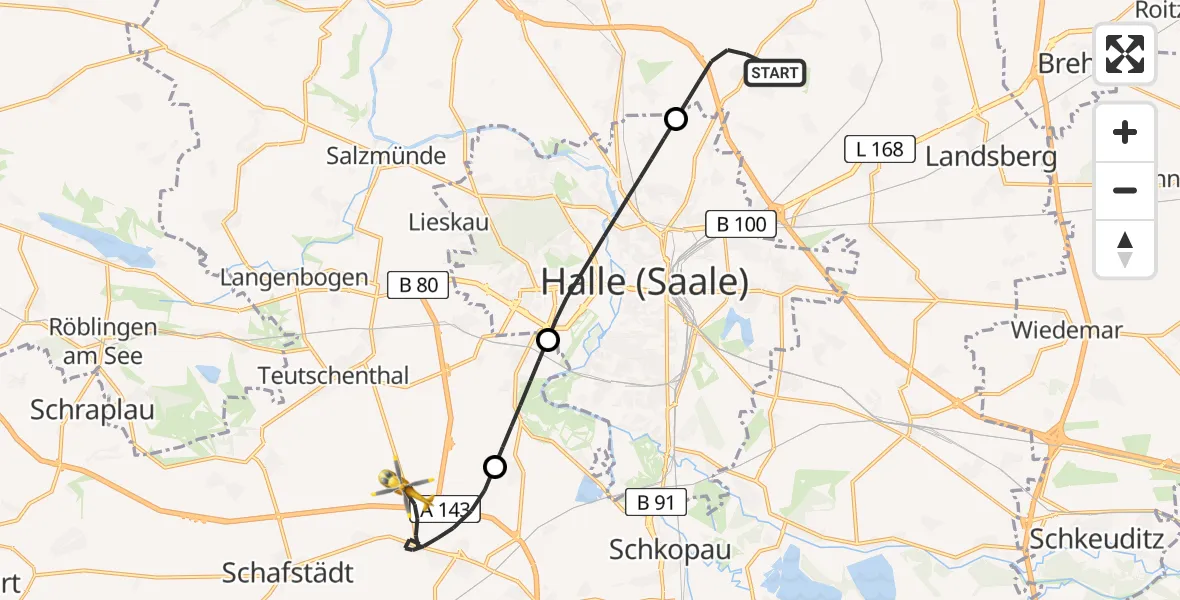 Flugroute Ambulanzhubschrauber Landsberg - Bad Lauchstädt, 20 April 2026, 12:21