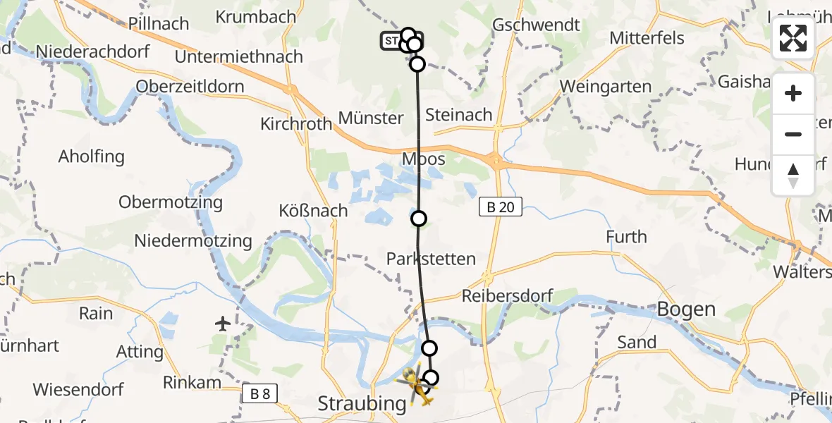 Flugroute Rettungshubschrauber Steinach - Sankt Elisabeth Hospital Straubing, 20 April 2026, 12:39