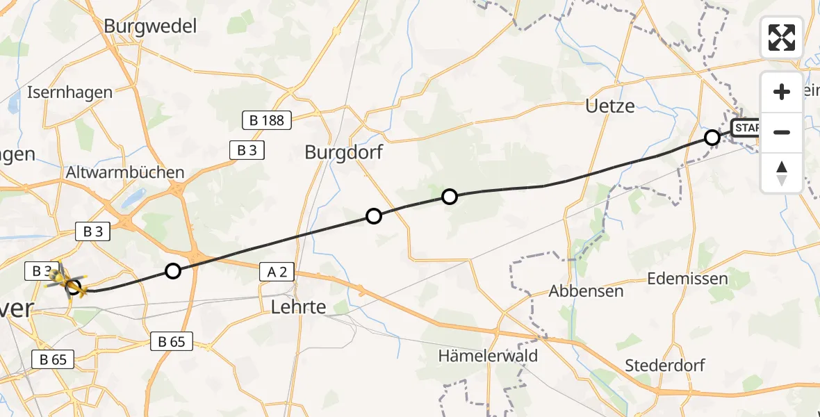 Flugroute Rettungshubschrauber Meinersen - Hannover Luftrettung Hubschrauberlandeplatz (Christoph 4), 20 April 2026, 12:42