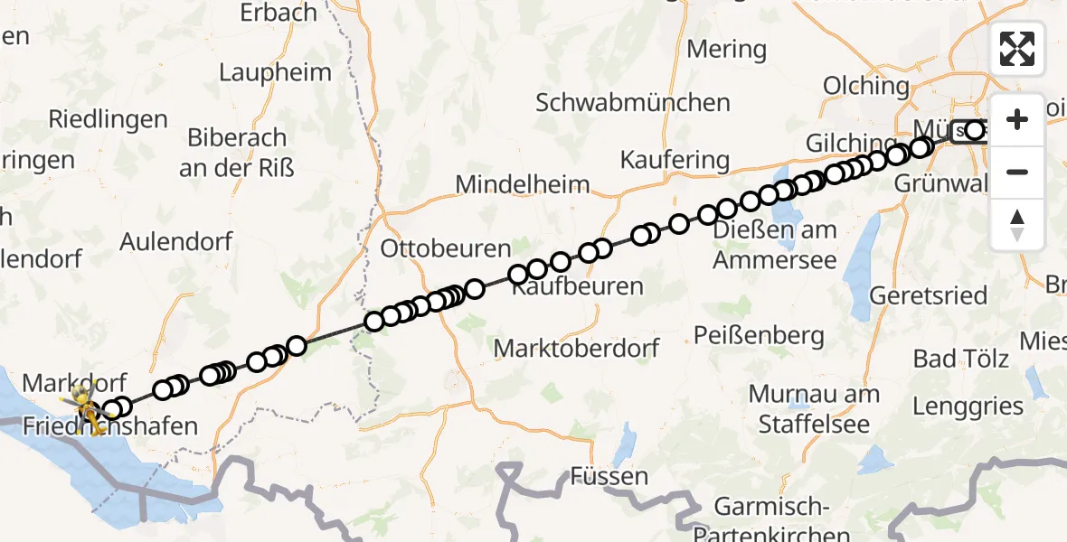 Flugroute Rettungshubschrauber Rechts der Isar University Hospital - Friedrichshafen Hospital, 20 April 2026, 12:45