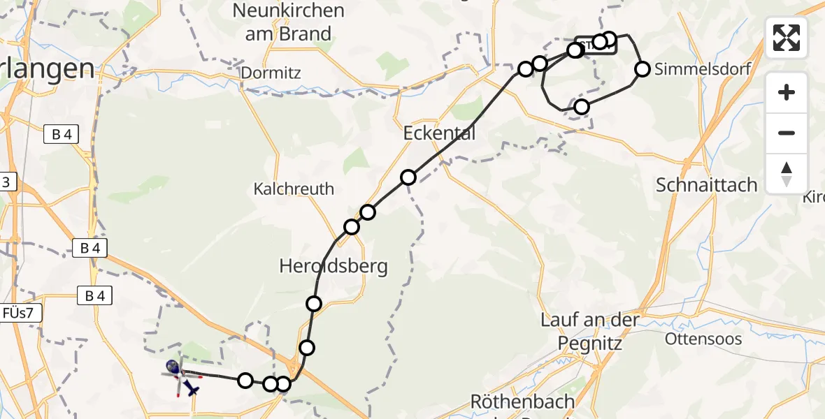 Flugroute Polizeihubschrauber Lauf-Lillinghof Flugplatz - Flughafen Nuremberg, 20 April 2026, 12:57