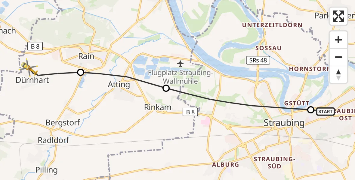 Flugroute Rettungshubschrauber Sankt Elisabeth Hospital Straubing - Rain, 20 April 2026, 13:05