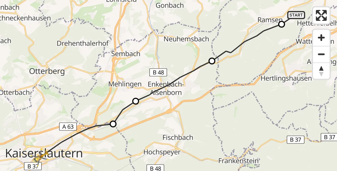 Flugroute Rettungshubschrauber Eisenberg (Pfalz) - Kaiserslautern, 20 April 2026, 13:14