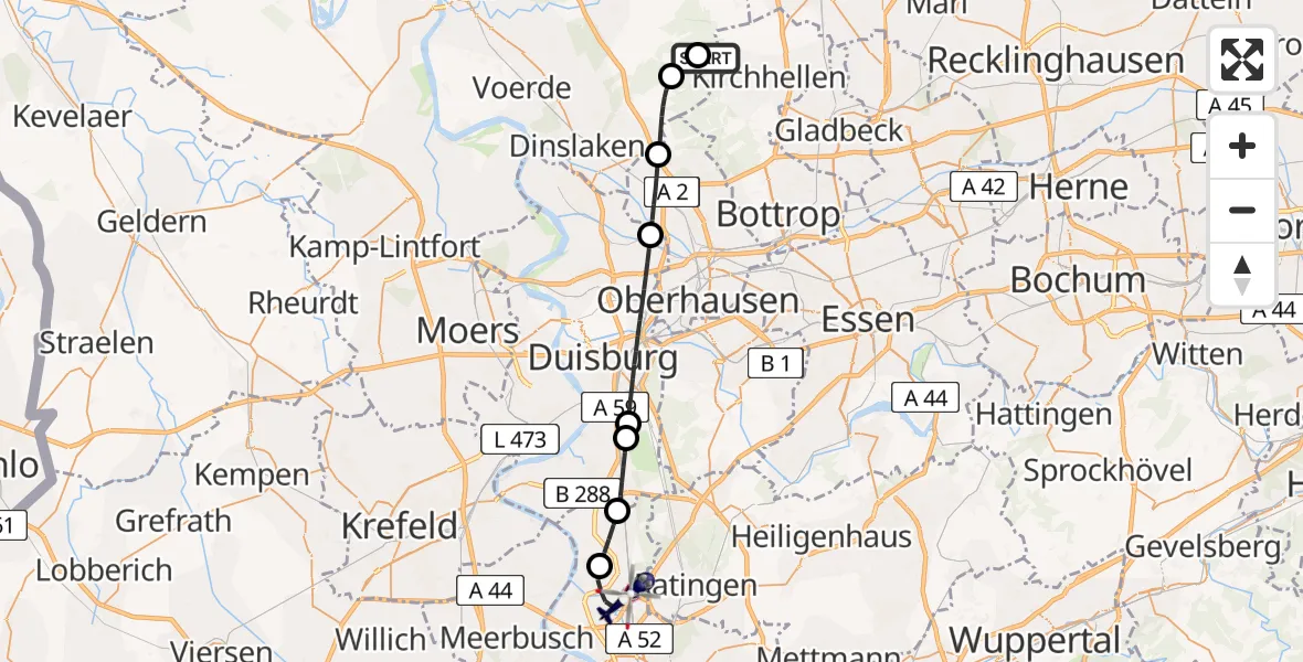 Flugroute Polizeihubschrauber Dinslaken-Schwarze Heide Flugplatz - Düsseldorf Flughafen, 20 April 2026, 13:25