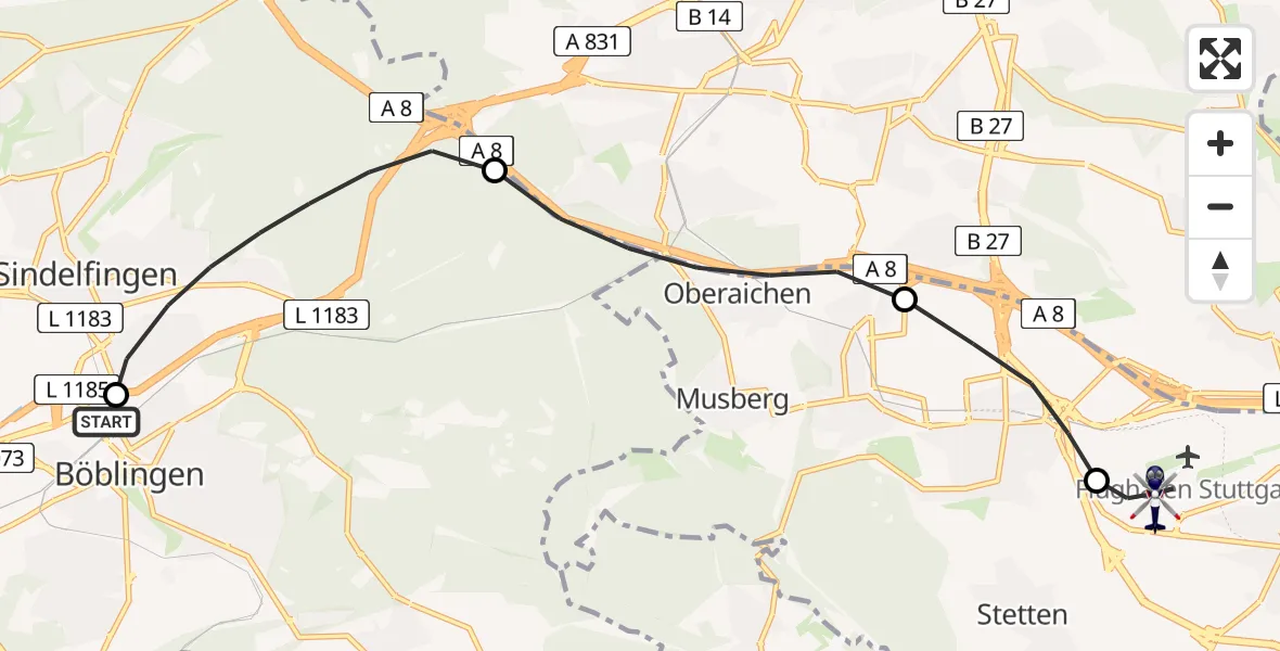 Flugroute Polizeihubschrauber Böblingen - Flughafen Stuttgart, 20 April 2026, 13:26