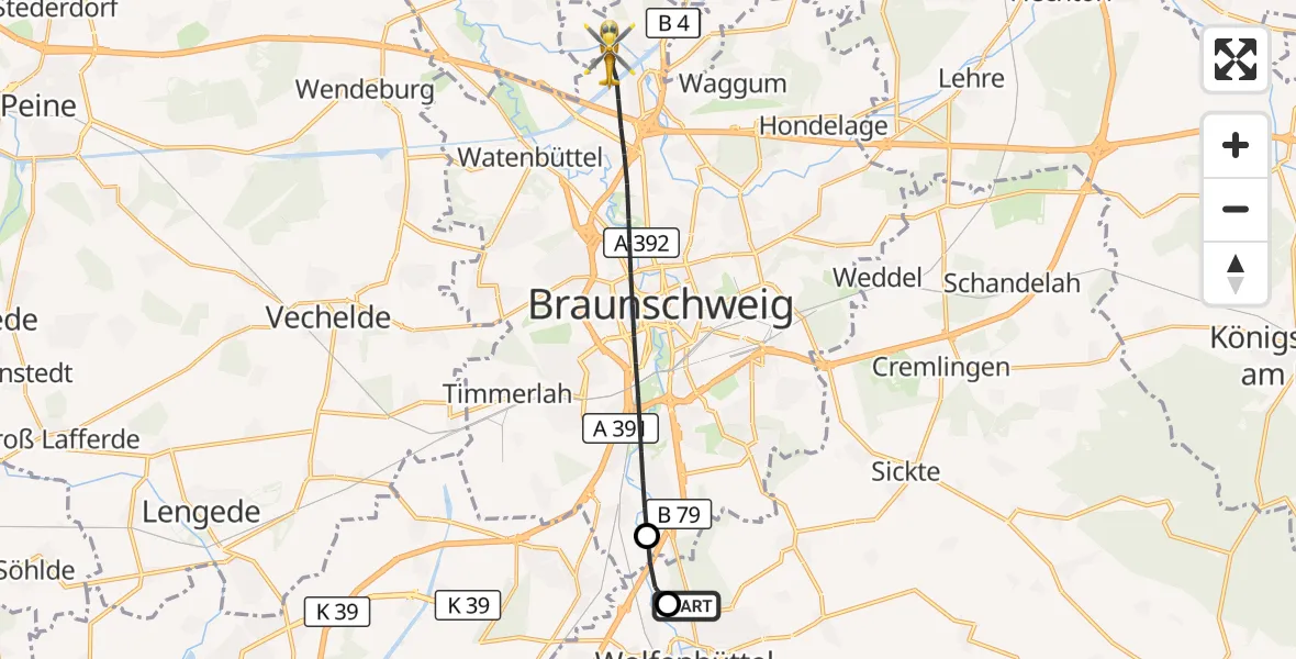 Flugroute Rettungshubschrauber Wolfenbüttel Municipal Hospital Heliport (Christoph 30) - Braunschweig, 20 April 2026, 13:28