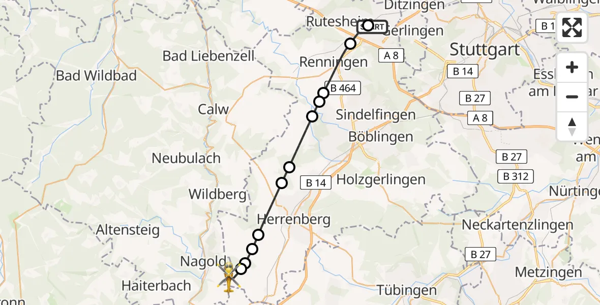 Flugroute Rettungshubschrauber Leonberg Hospital - Mötzingen, 20 April 2026, 13:29