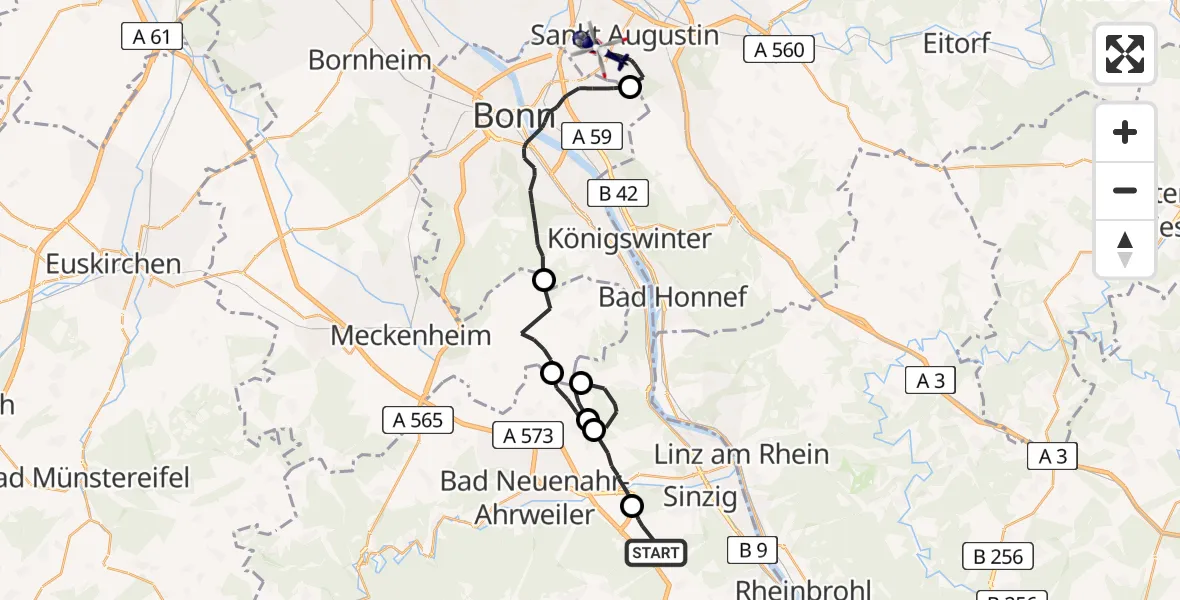 Flugroute Polizeihubschrauber Sinzig - Sankt Augustin, 20 April 2026, 13:30