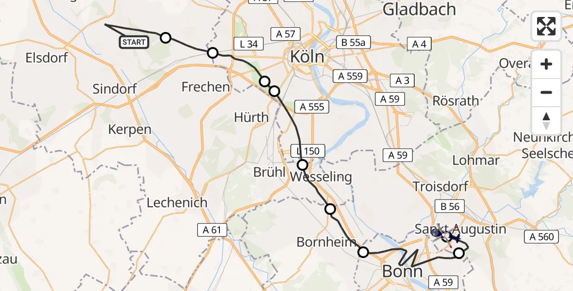 Flugroute Polizeihubschrauber Bergheim - Bonn-Hangelar Flugplatz, 20 April 2026, 13:31