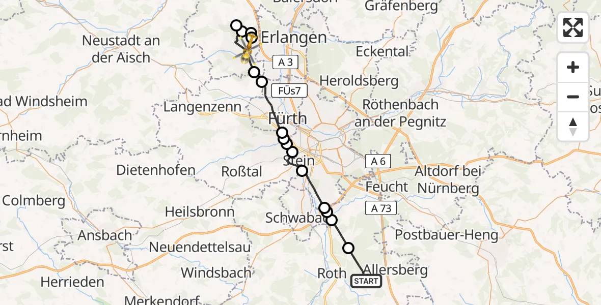 Flugroute Ambulanzhubschrauber Roth - Herzogenaurach, 20 April 2026, 13:40