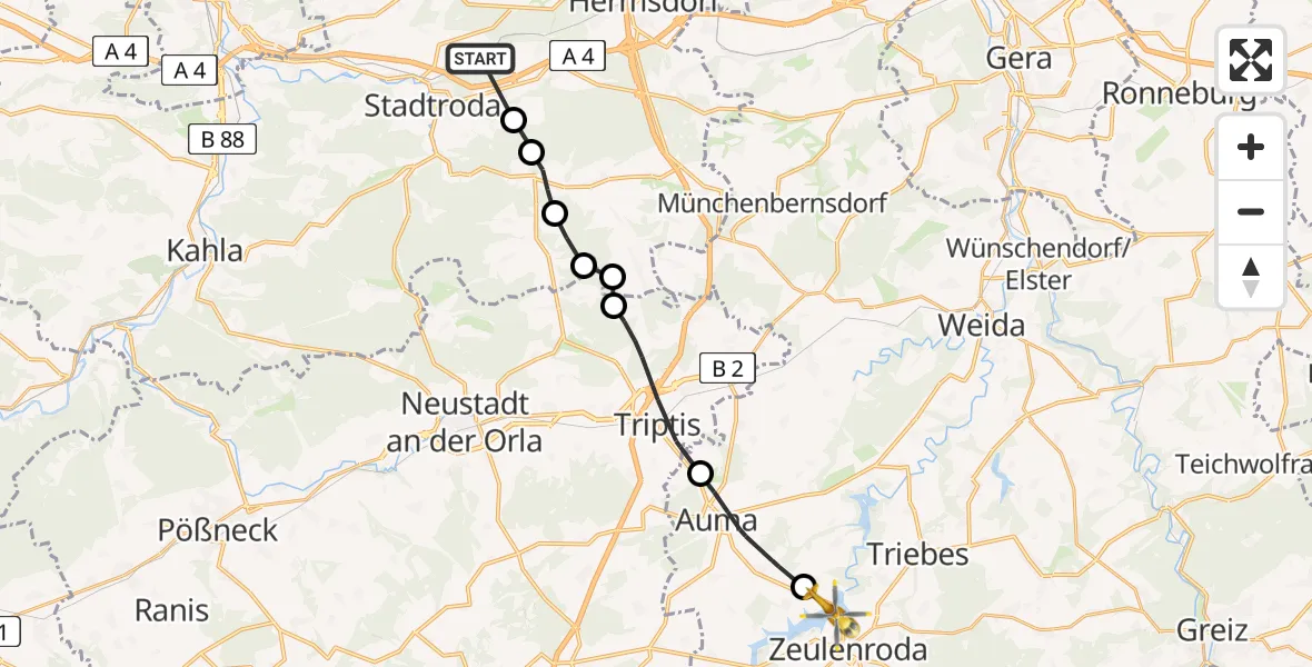 Flugroute Rettungshubschrauber Ruttersdorf-Lotschen - Zeulenroda-Triebes, 20 April 2026, 13:44