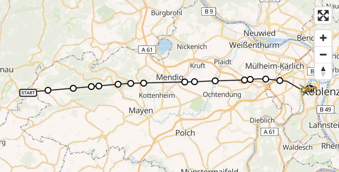 Flugroute Ambulanzhubschrauber Herresbach - Kemperhof Koblenz Klinikum Hubschrauberlandeplatz, 20 April 2026, 13:51