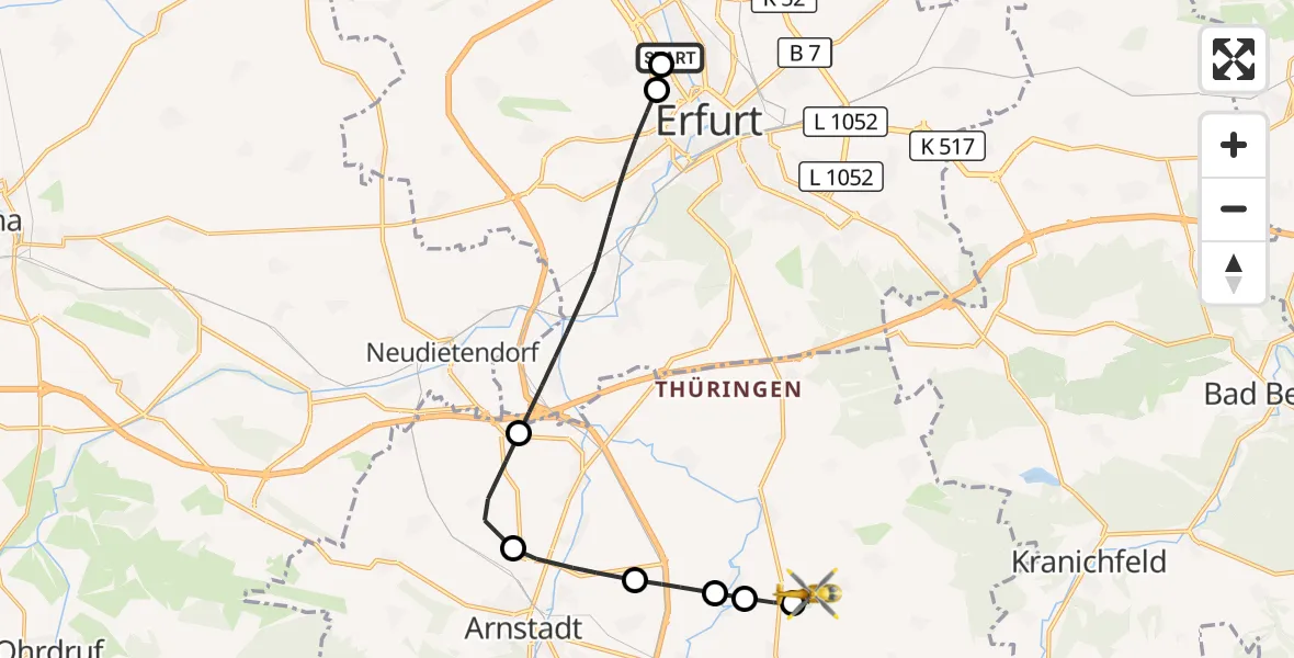 Flugroute Rettungshubschrauber Helios Clinic Erfurt - Arnstadt-Alkersleben Flugplatz, 20 April 2026, 13:52