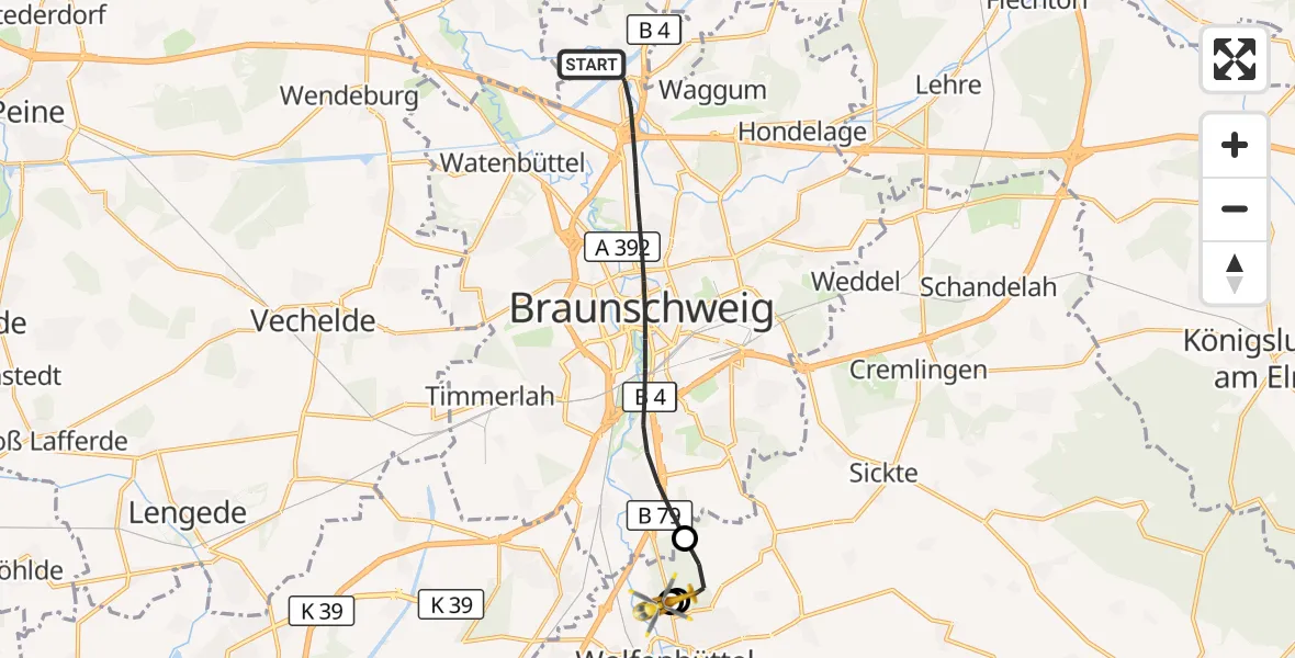 Flugroute Rettungshubschrauber Braunschweig - Wolfenbüttel Municipal Hospital Heliport (Christoph 30), 20 April 2026, 13:56