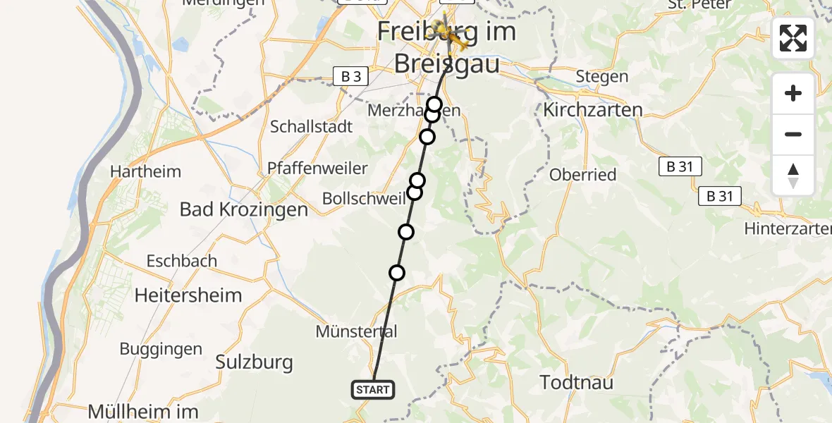 Flugroute Rettungshubschrauber Münstertal/Schwarzwald - Freiburg im Breisgau, 20 April 2026, 14:07