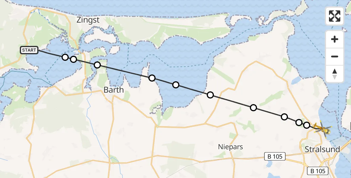 Flugroute Rettungshubschrauber Wieck a.Darß - Stralsund, 20 April 2026, 14:17
