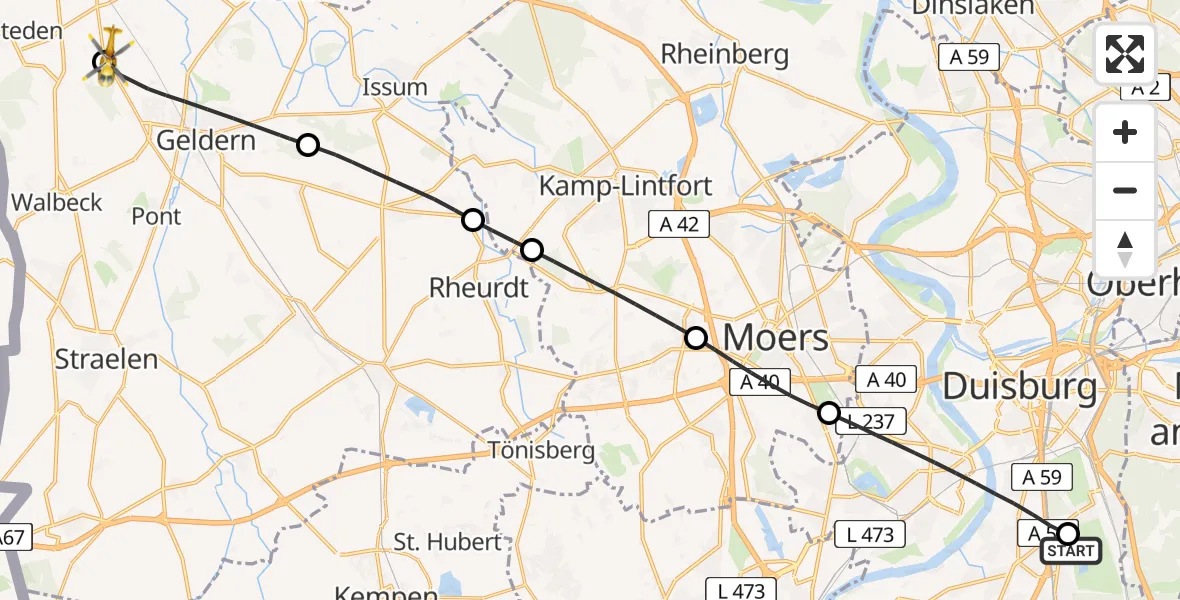 Flugroute Rettungshubschrauber Duisburg Air Rescue Hubschrauberlandeplatz (Christoph 9) - Kevelaer, 20 April 2026, 14:30