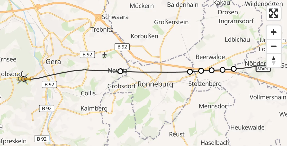 Flugroute Rettungshubschrauber Schmölln - SRH Wald-Klinikum Gera Hospital Hubschrauberlandeplatz, 20 April 2026, 14:32