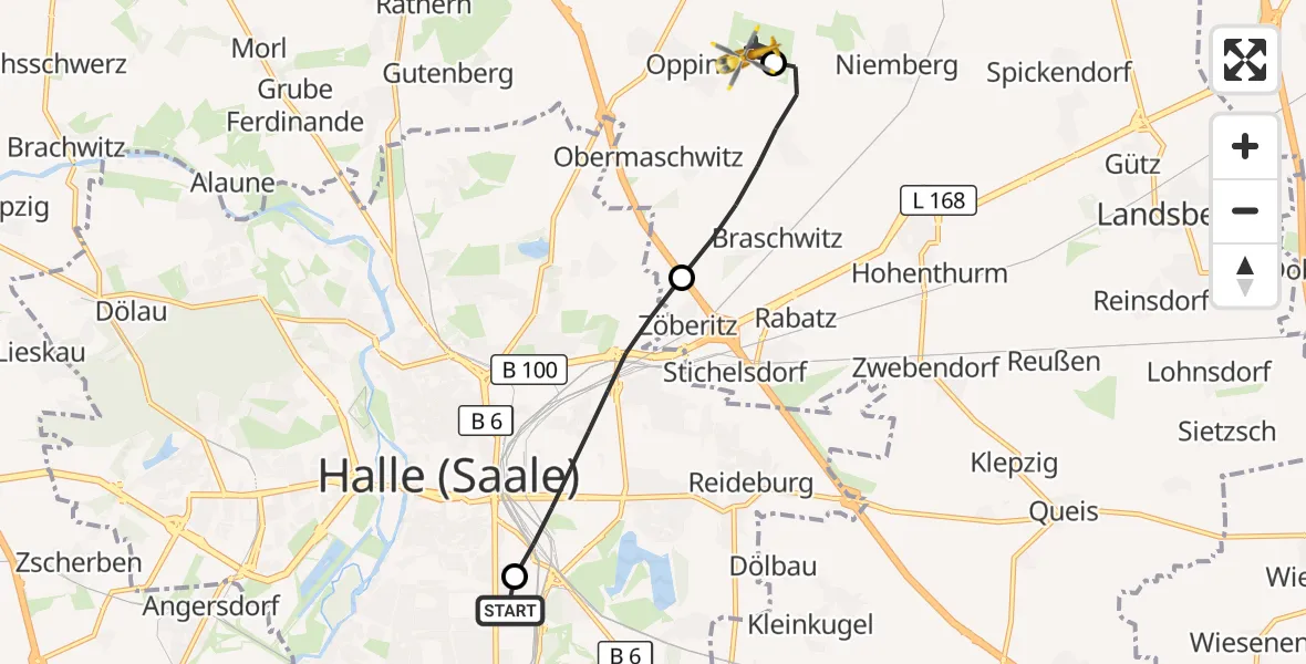 Flugroute Ambulanzhubschrauber BG Hospital Bergmannstrost Halle - Halle-Oppin Flugplatz, 20 April 2026, 14:33