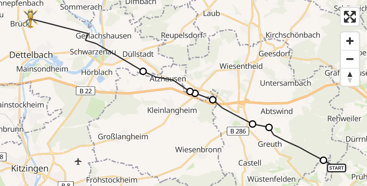 Flugroute Ambulanzhubschrauber Oberscheinfeld - Dettelbach, 20 April 2026, 14:46