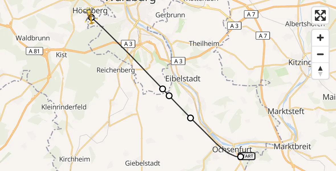 Flugroute Rettungshubschrauber Ochsenfurt Hospital - Höchberg, 20 April 2026, 14:50
