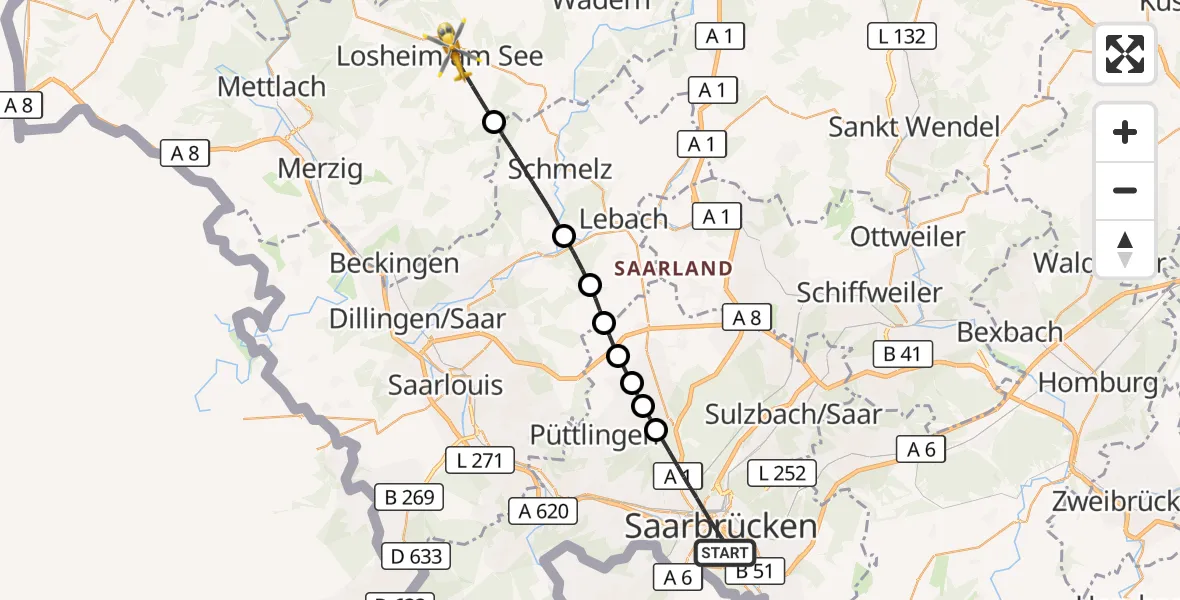 Flugroute Rettungshubschrauber Saarbrücken - Losheim am See, 20 April 2026, 14:53