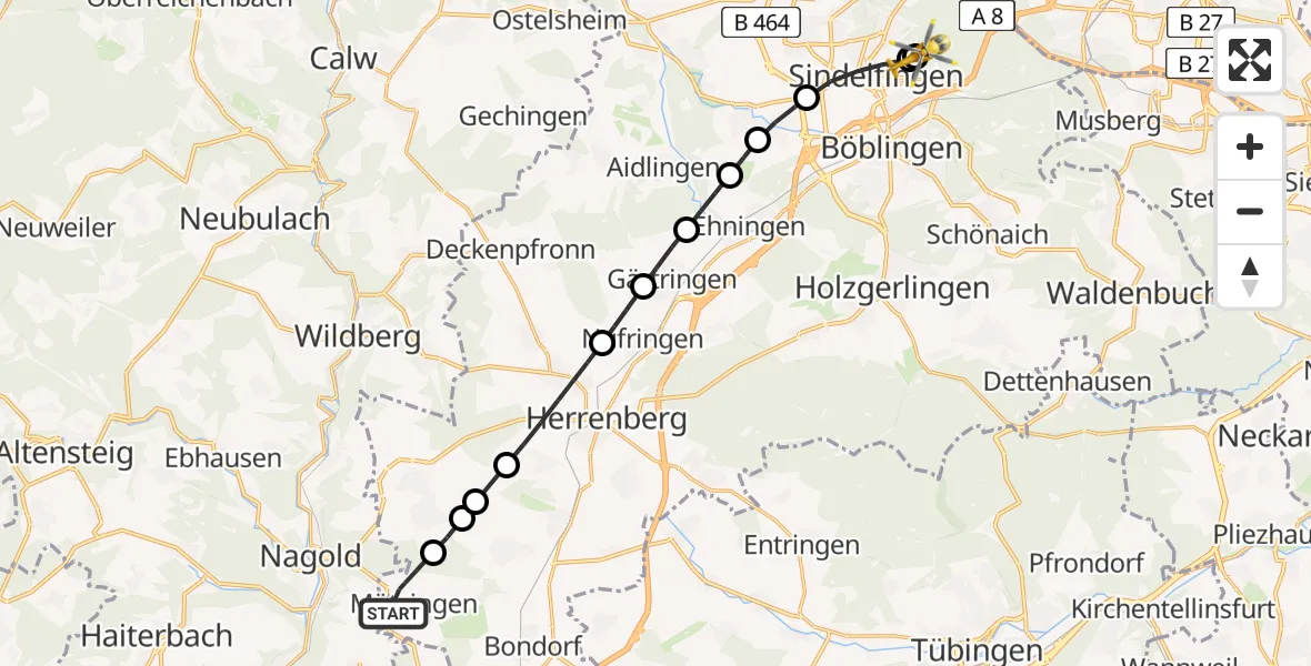 Flugroute Rettungshubschrauber Mötzingen - Sindelfingen Hospital, 20 April 2026, 14:54
