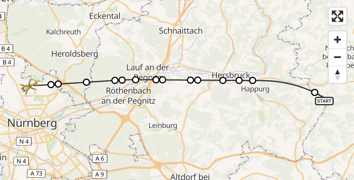 Flugroute Rettungshubschrauber Birgland - Flughafen Nuremberg, 20 April 2026, 15:07