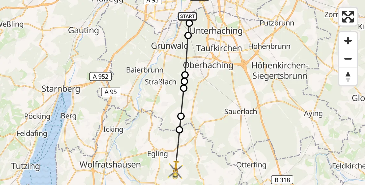 Flugroute Rettungshubschrauber ADAC Air Rescue Center Hubschrauberlandeplatz (Christoph 1) - Egling, 20 April 2026, 15:16