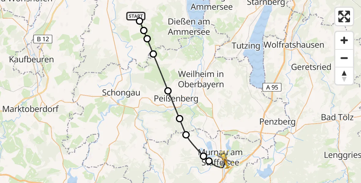 Flugroute Rettungshubschrauber Thaining - Murnau Accident Hospital, 20 April 2026, 15:19