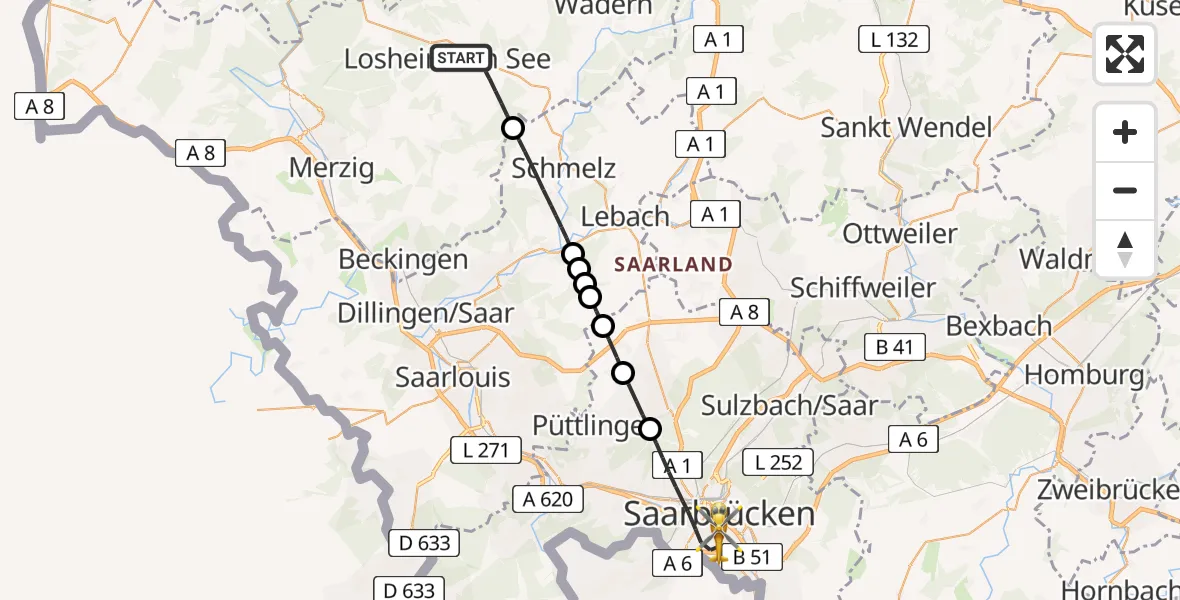 Flugroute Rettungshubschrauber Losheim am See - Saarbrücken, 20 April 2026, 15:26