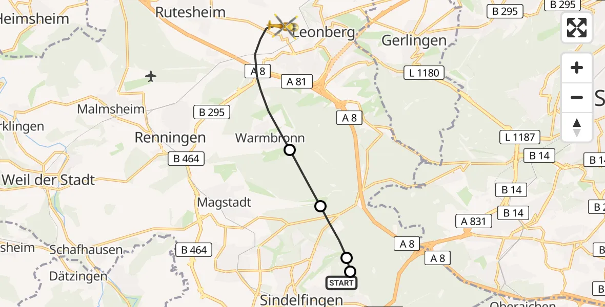 Flugroute Rettungshubschrauber Sindelfingen Hospital - Leonberg Hospital Hubschrauberlandeplatz, 20 April 2026, 15:37