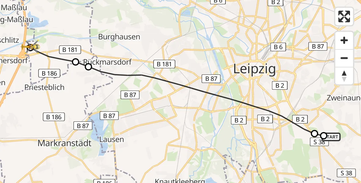 Flugroute Rettungshubschrauber Leipzig Heart Center Ground Hubschrauberlandeplatz - ADAC Air Rescue Station Leipzig/Schkeuditz-Dölzig Hubschrauberlandeplatz (Christoph 61), 20 April 2026, 15:46