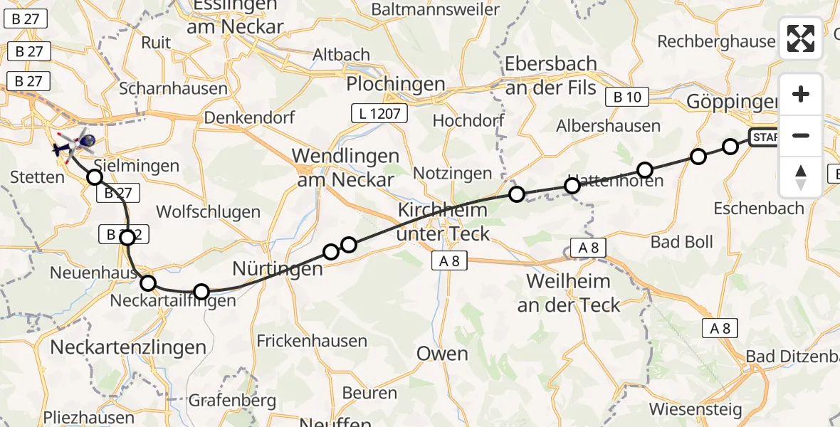 Flugroute Polizeihubschrauber Göppingen - Flughafen Stuttgart, 20 April 2026, 16:03