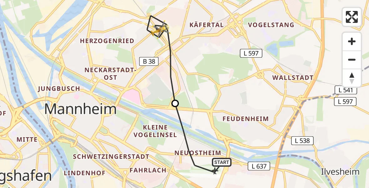 Flugroute Rettungshubschrauber Mannheim-City Flughafen - Mannheim, 20 April 2026, 16:08
