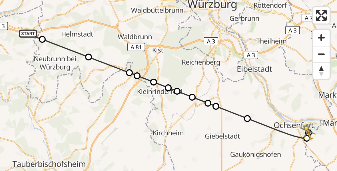 Flugroute Rettungshubschrauber Wertheim - Ochsenfurt Hospital Hubschrauberlandeplatz, 20 April 2026, 16:11