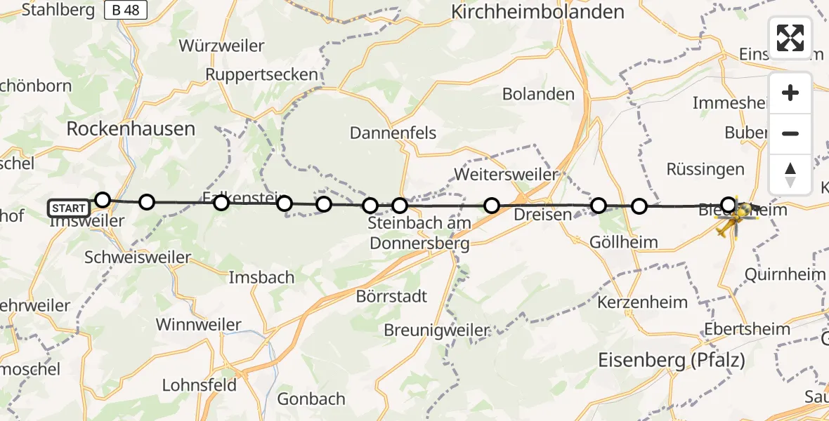 Flugroute Rettungshubschrauber Imsweiler UL - Biedesheim, 20 April 2026, 16:12