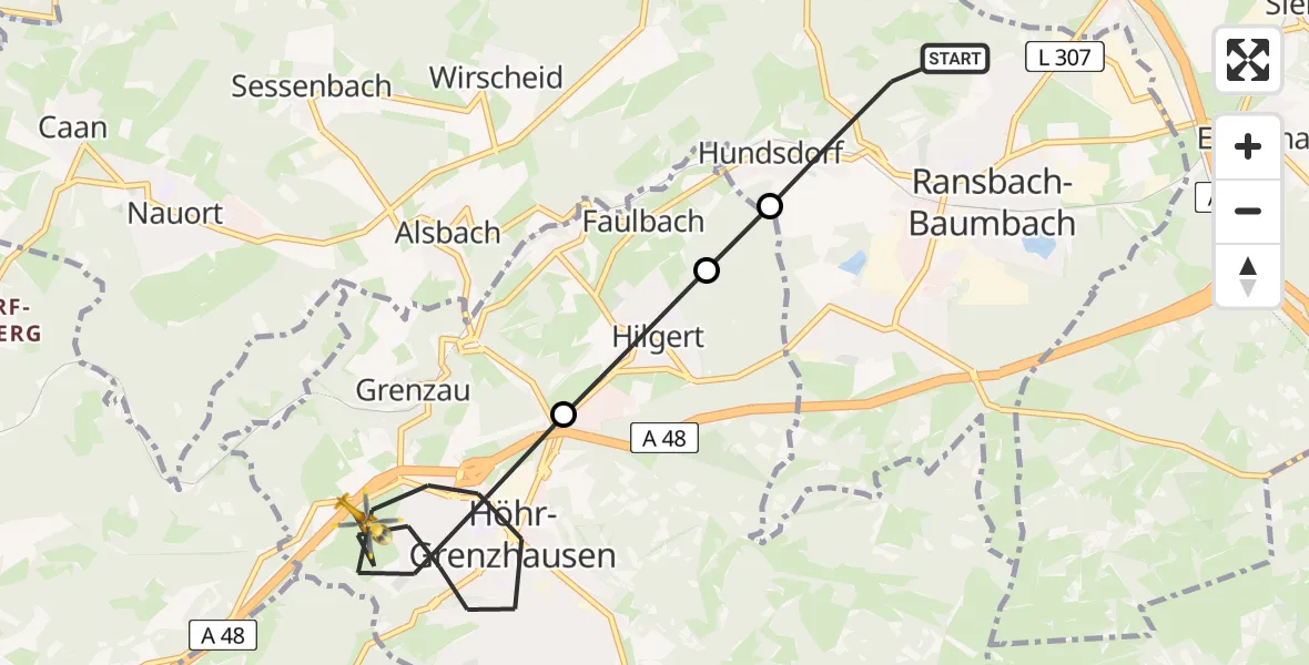 Flugroute Rettungshubschrauber Ransbach-Baumbach - Höhr-Grenzhausen, 20 April 2026, 16:30