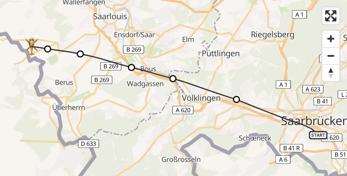 Flugroute Rettungshubschrauber Saarbrücken - Wallerfangen, 20 April 2026, 16:41