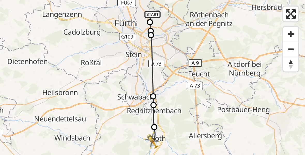 Flugroute Rettungshubschrauber Flughafen Nuremberg - Roth, 20 April 2026, 16:49
