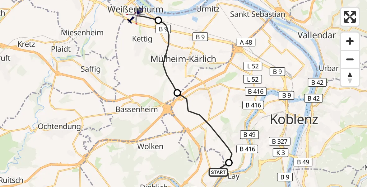 Flugroute Polizeihubschrauber Koblenz-Winningen Flugplatz - Weißenthurm, 20 April 2026, 16:58