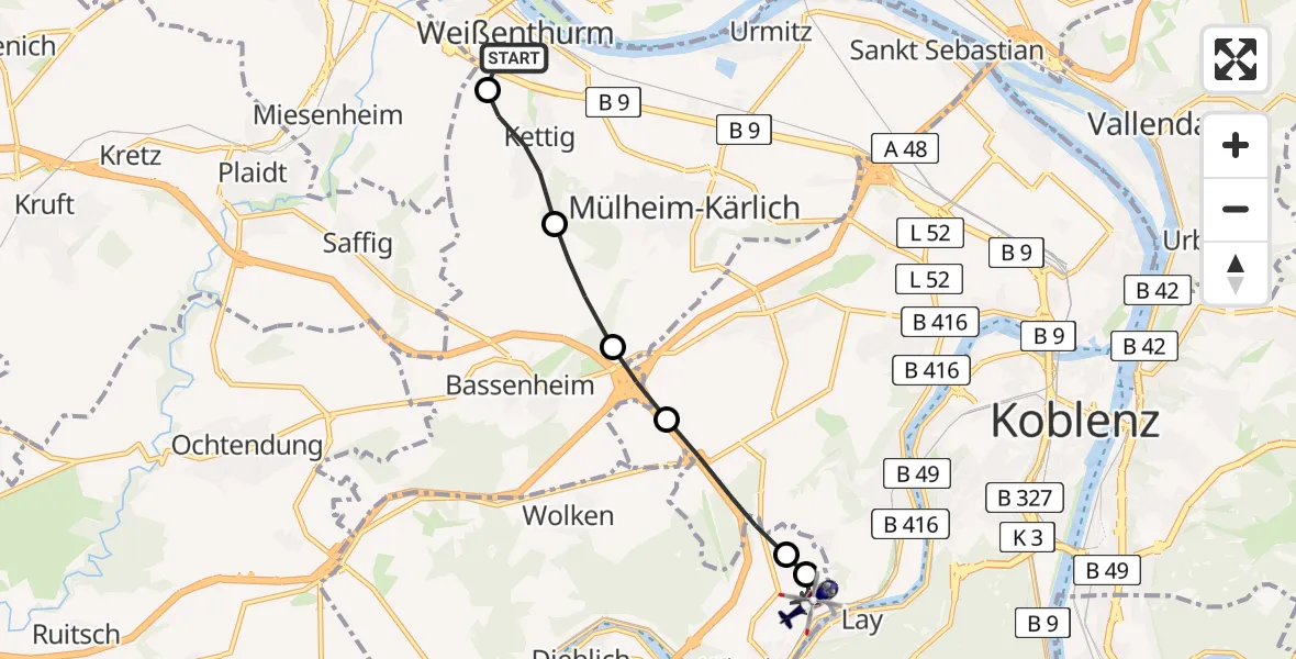Flugroute Polizeihubschrauber Weißenthurm - Koblenz-Winningen Flugplatz, 20 April 2026, 17:09