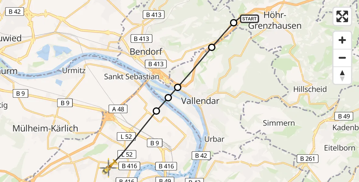 Flugroute Rettungshubschrauber Höhr-Grenzhausen - Koblenz, 20 April 2026, 17:10