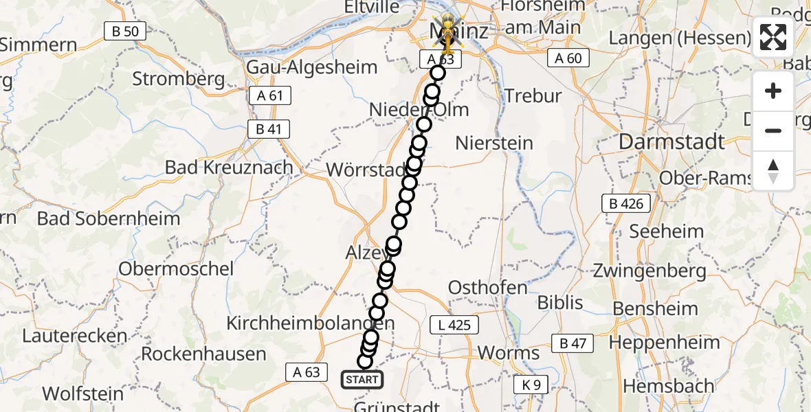 Flugroute Rettungshubschrauber Biedesheim - Mainz University Hospital, 20 April 2026, 17:12